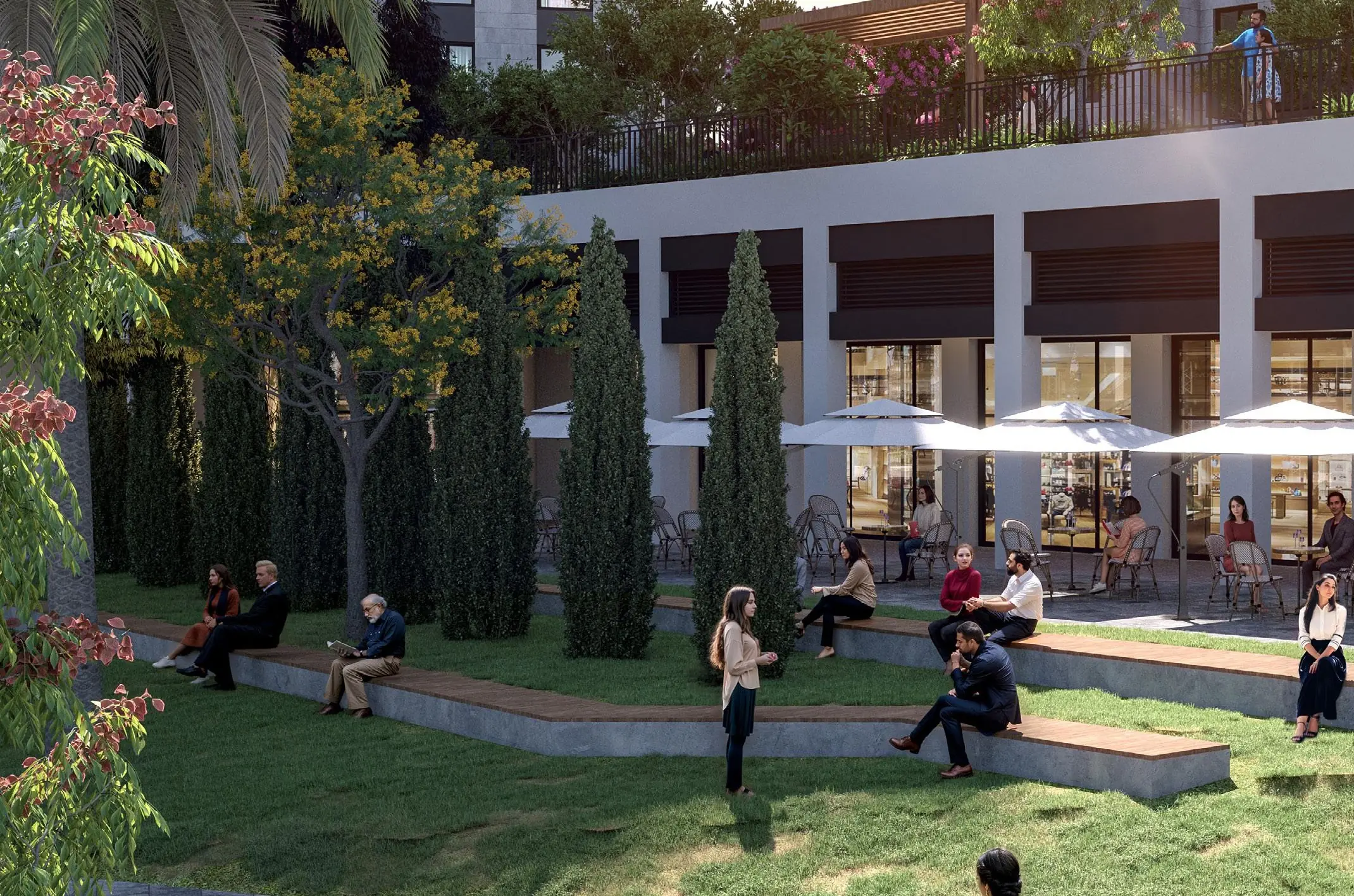 Landscaped garden and seating terraces in the Prime Jerusalem complex