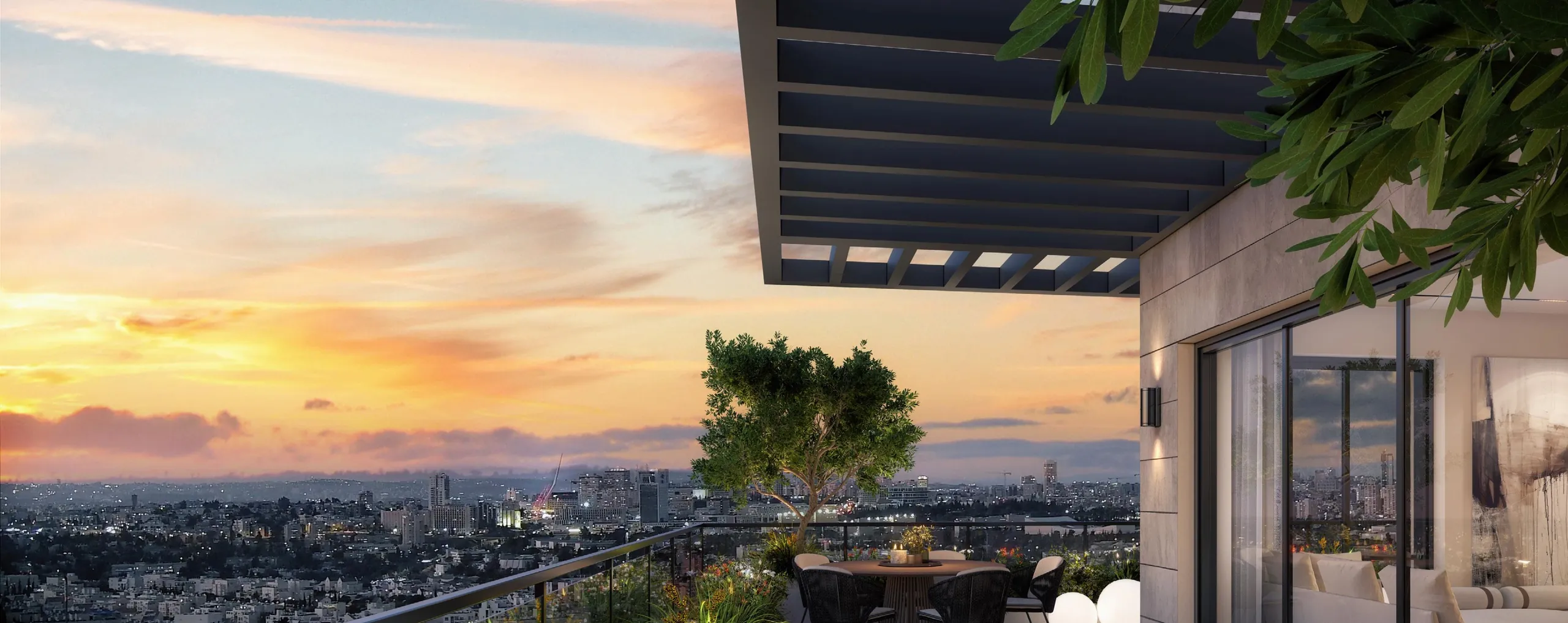 Penthouse terrace at Prime Jerusalem overlooking the city at sunset