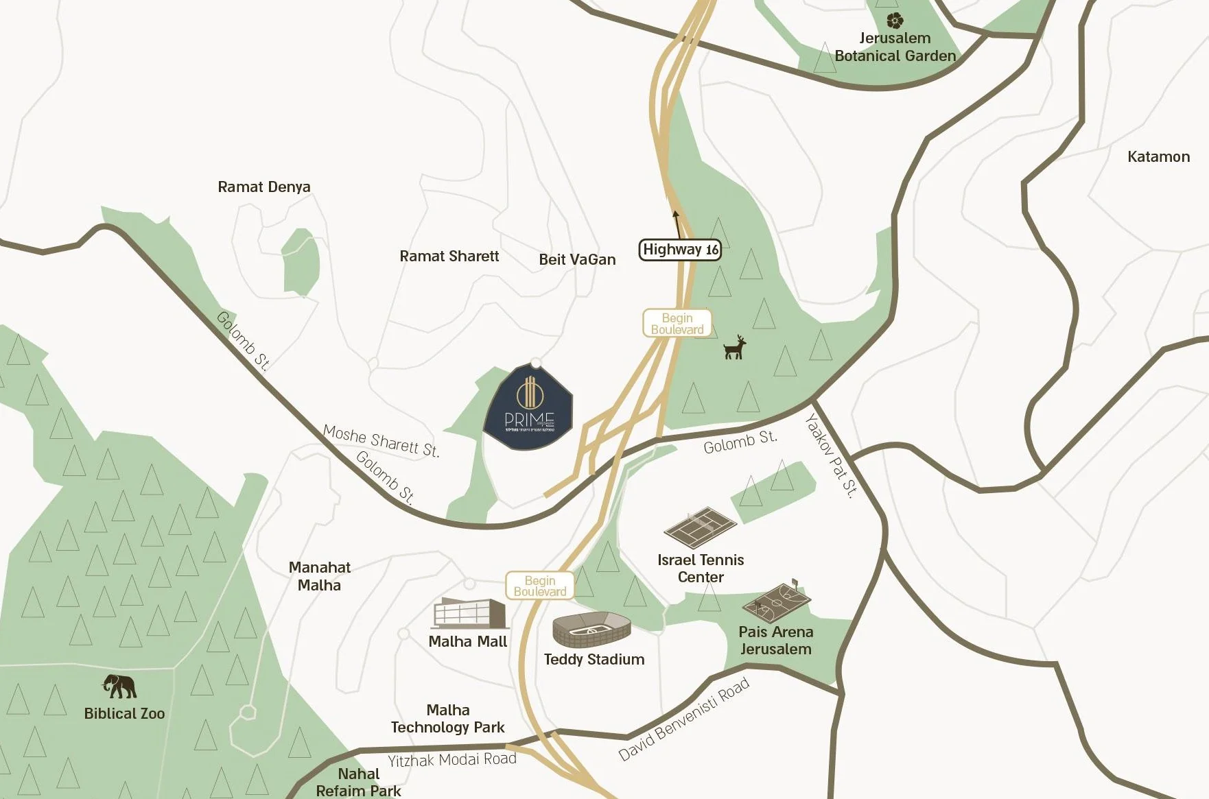 Map of Prime Jerusalem and nearby Malha Mall, Teddy Stadium, Pais Arena, Botanical Garden and Highway 16