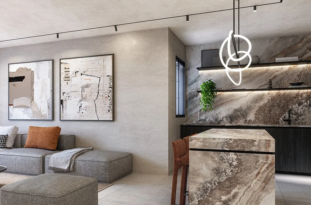 Living room and kitchen of a Prime Jerusalem apartment